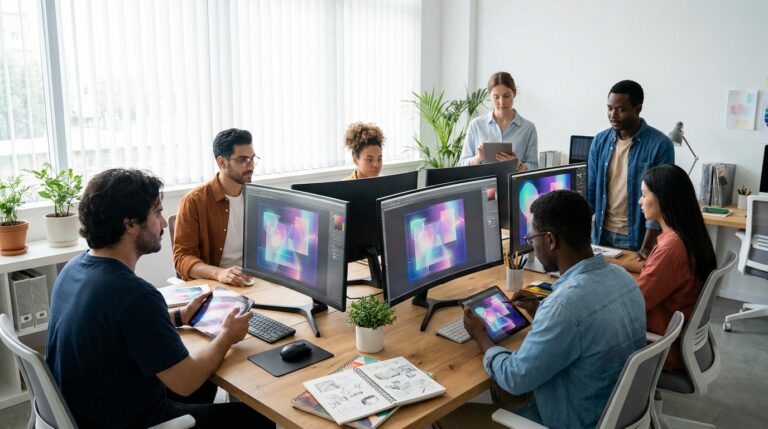 Équipe marketing travaillant sur des maquettes graphiques à l'écran