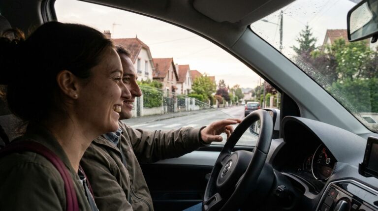 Deux actifs partageant une voiture pour leur trajet domicile-travail