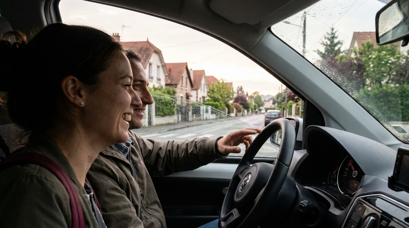 Deux actifs partageant une voiture pour leur trajet domicile-travail