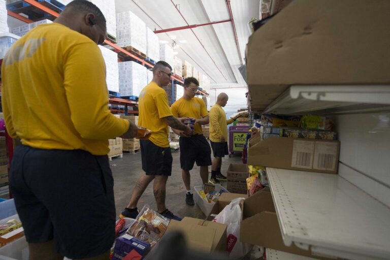 Bénévoles triant et distribuant des denrées dans un local d'aide alimentaire